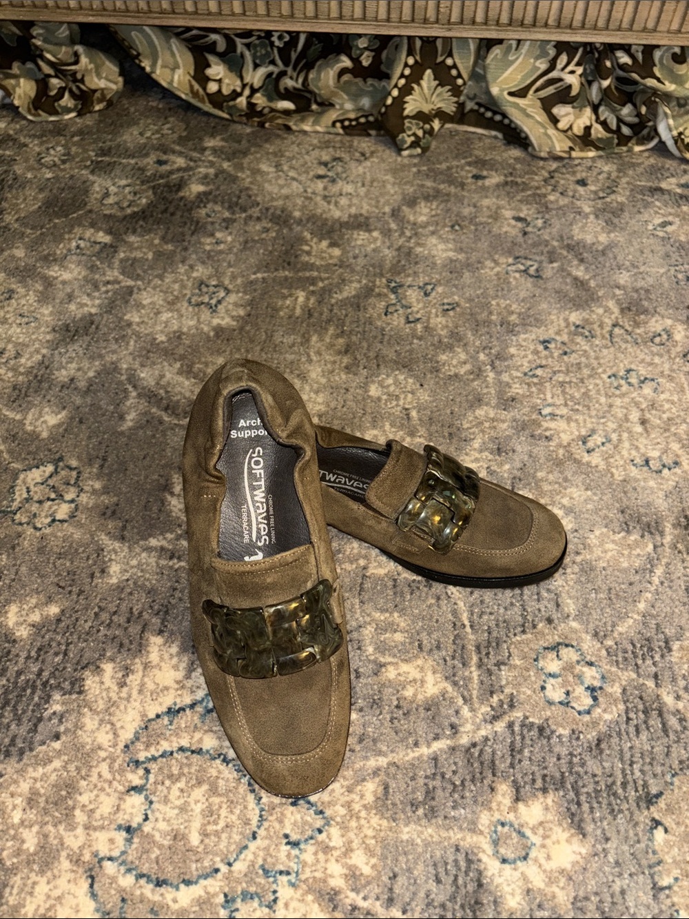 Women’s Olive Suede Loafers with Decorative Buckle